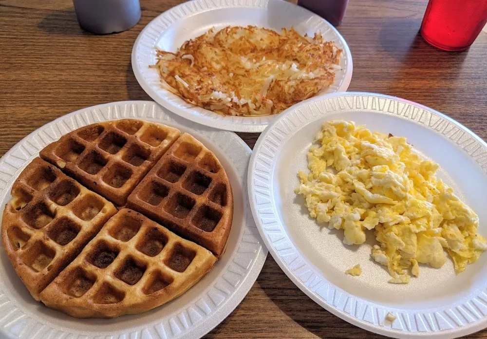 Belgian Waffle Hashbrowns Scrambled Eggs